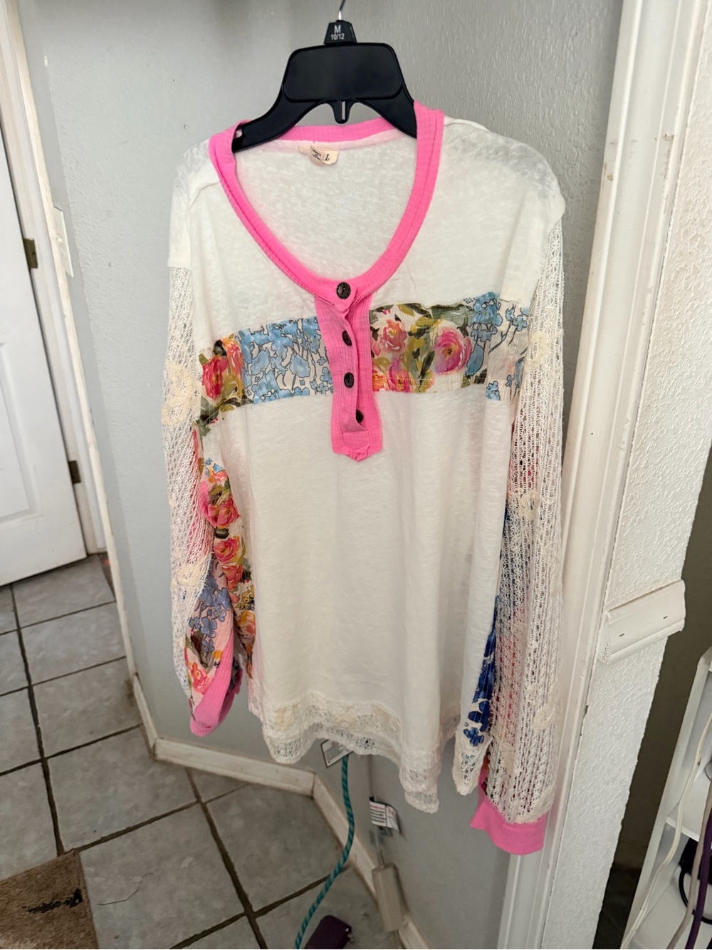 POL White Long-Sleeve Henley with Pink Trim and Floral Panels